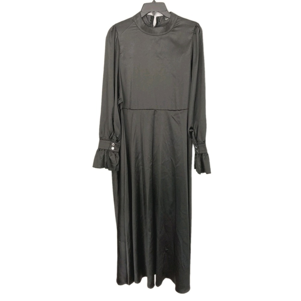 Xxxiticat Dress Women M Blk Satin Maxi Mock Nk Belted Witchy Bell Sleeve Grunge